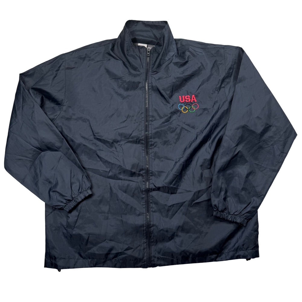 USA Olympics Windbreaker Jacket Mens XL Navy Blue Mesh Lined Full Zip Vintage
